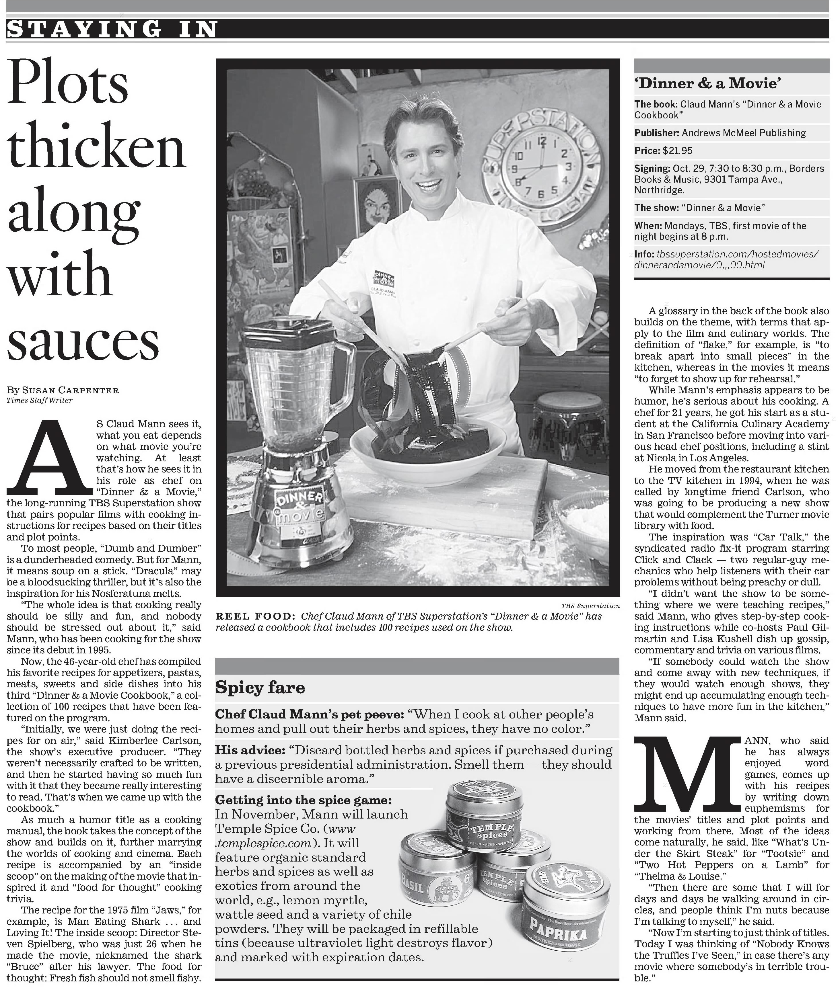 Plots thicken along with sauces — Los Angeles Times feature on Claud Mann and Dinner & a Movie