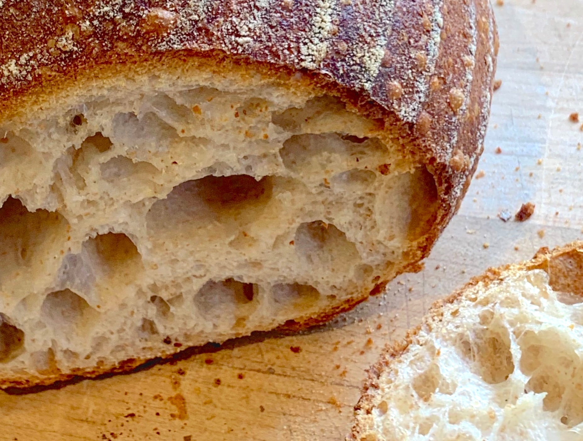 Close-up of sourdough crust and open crumb