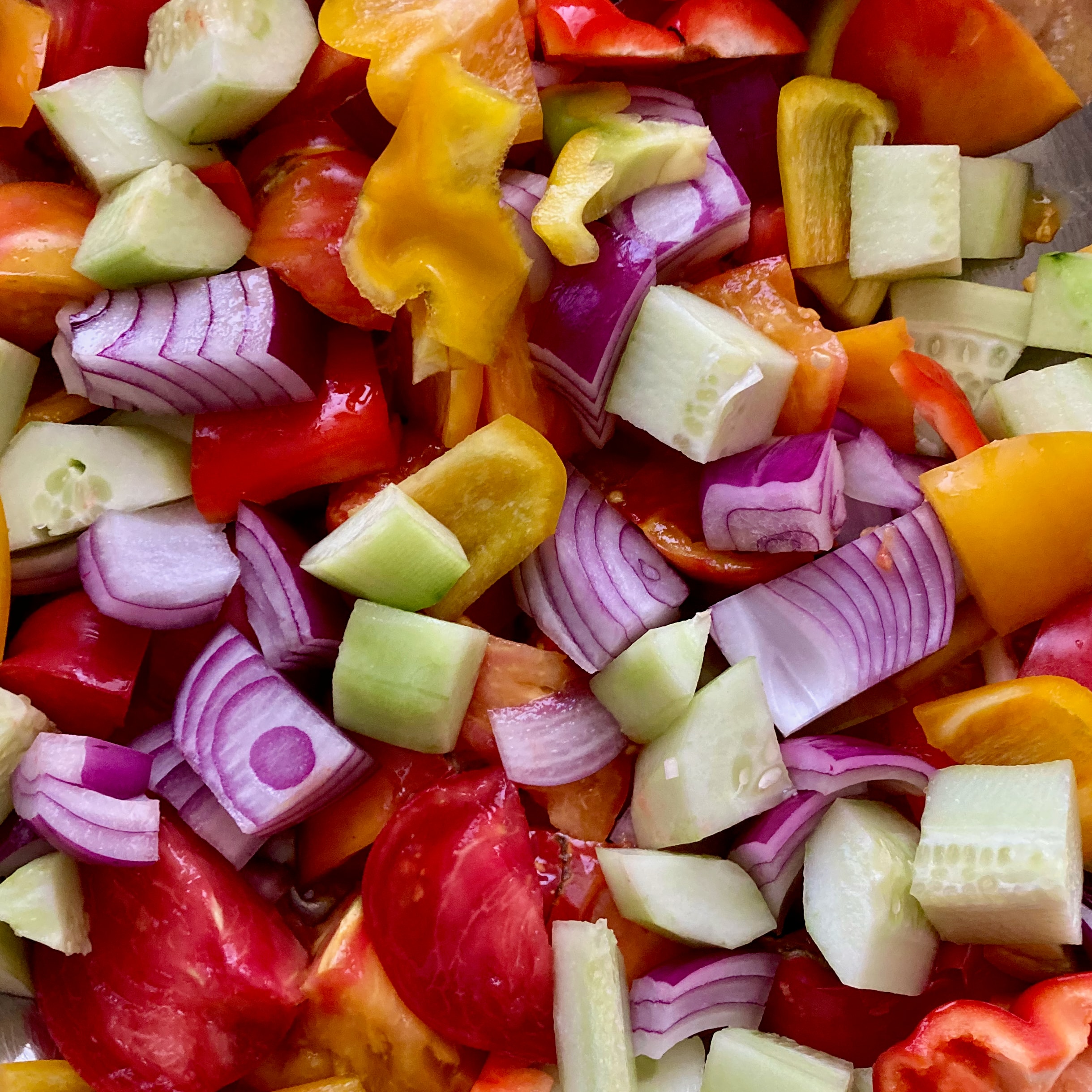 Chopped colorful vegetables — peppers, red onion, cucumber, tomatoes